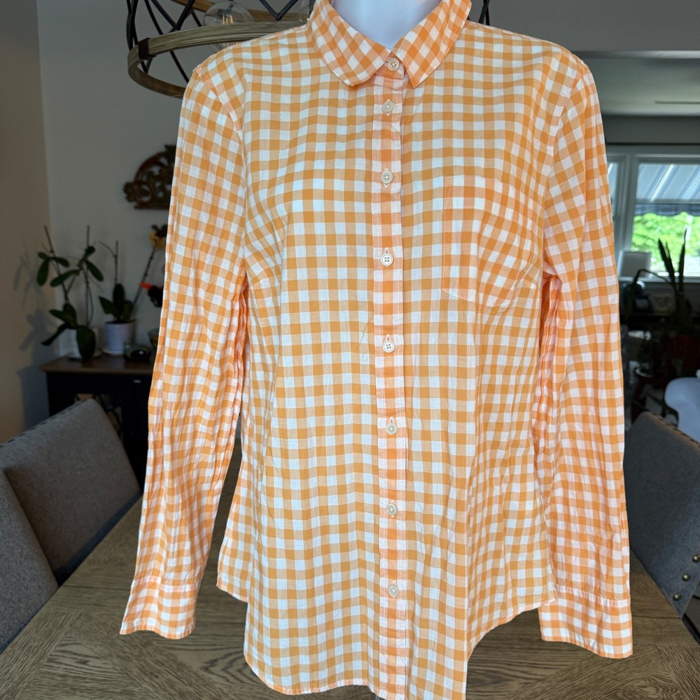 J.Crew Womens Orange White Gingham Button Down Long Sleeve Shirt Cotton Large